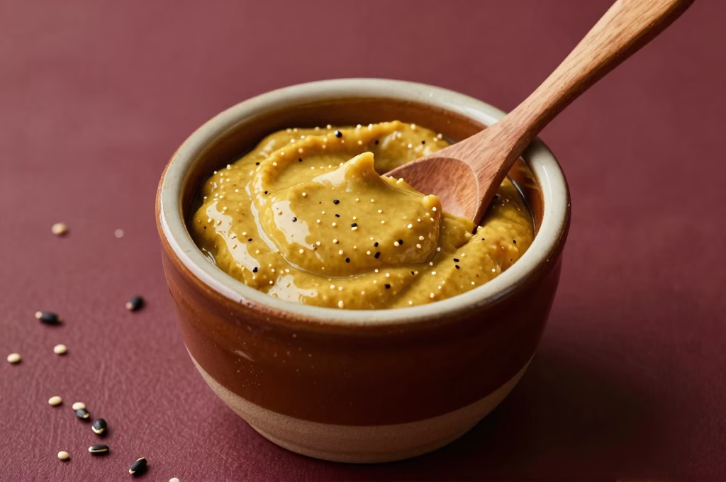 Pot de moutarde artisanale de Dijon en céramique avec cuillère en bois et graines de moutarde