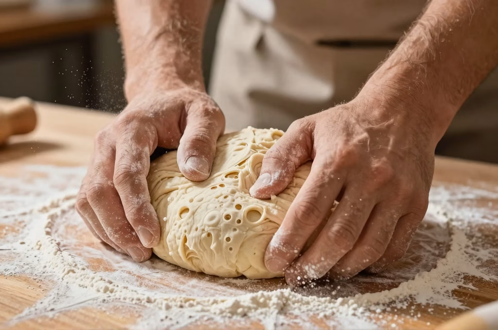 Pétrissage du pain au levain naturel par un artisan boulanger