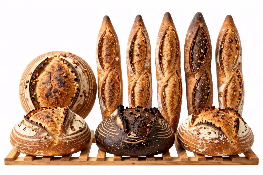 Assortiment de pains artisanaux : boule au levain, baguette tradition et pain de campagne