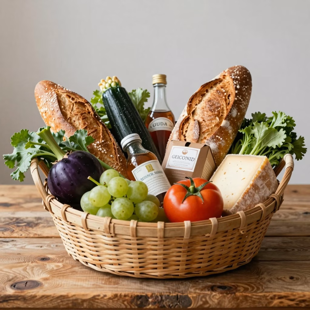 Panier de produits du terroir avec legumes frais fromage et produits artisanaux