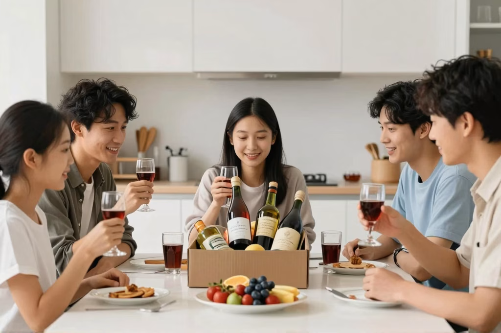 Famille dégustant ensemble les produits d'une box terroir autour de la table