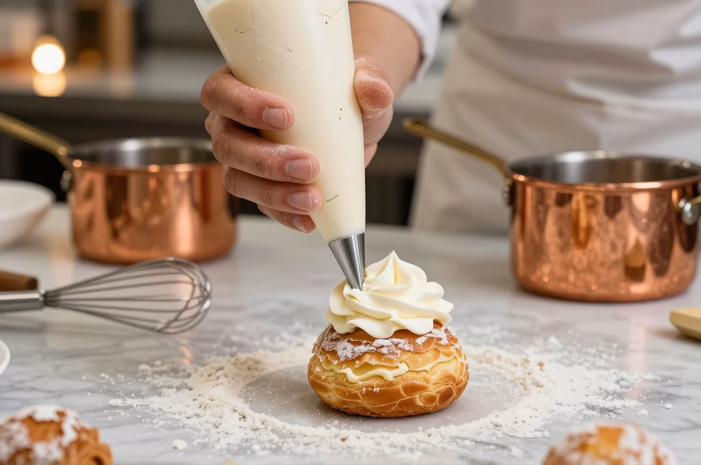 Atelier patissier en action : preparation artisanale de choux a la creme avec ustensiles en cuivre