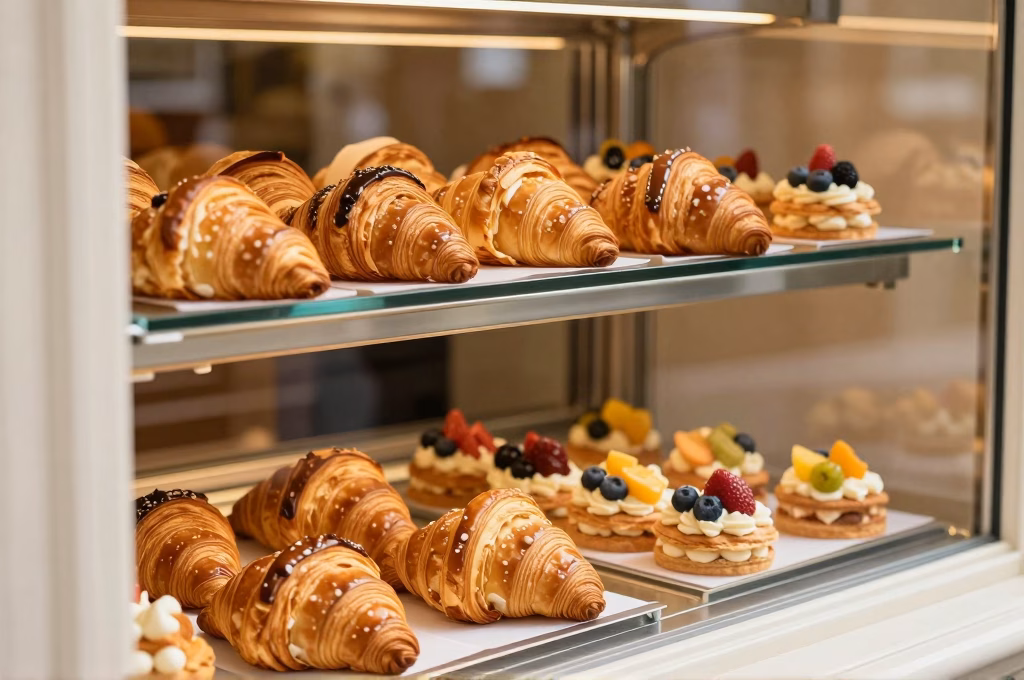 Vitrine de patisserie francaise avec croissants dores, mille-feuilles et tartes aux fruits