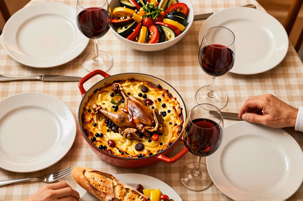 Table française vue du dessus avec coq au vin, gratin dauphinois et ratatouille