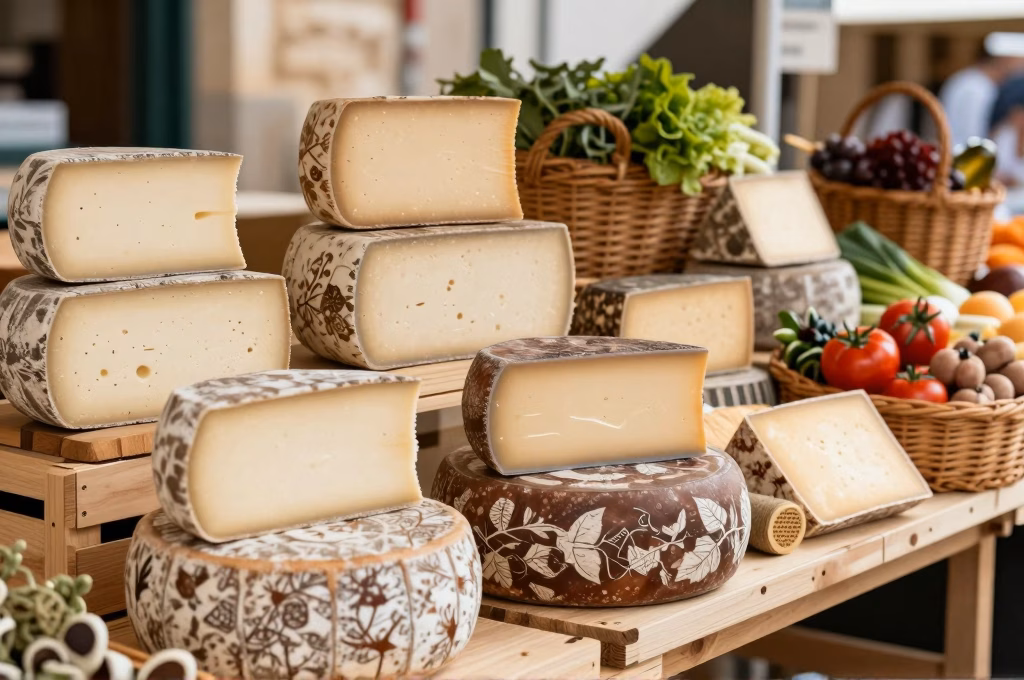 Étal de marché français avec fromages artisanaux, charcuterie et produits du terroir