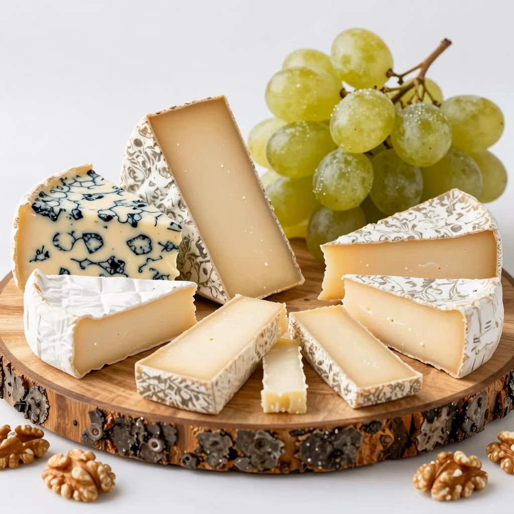 Plateau de fromages francais varies avec pain et fruits secs