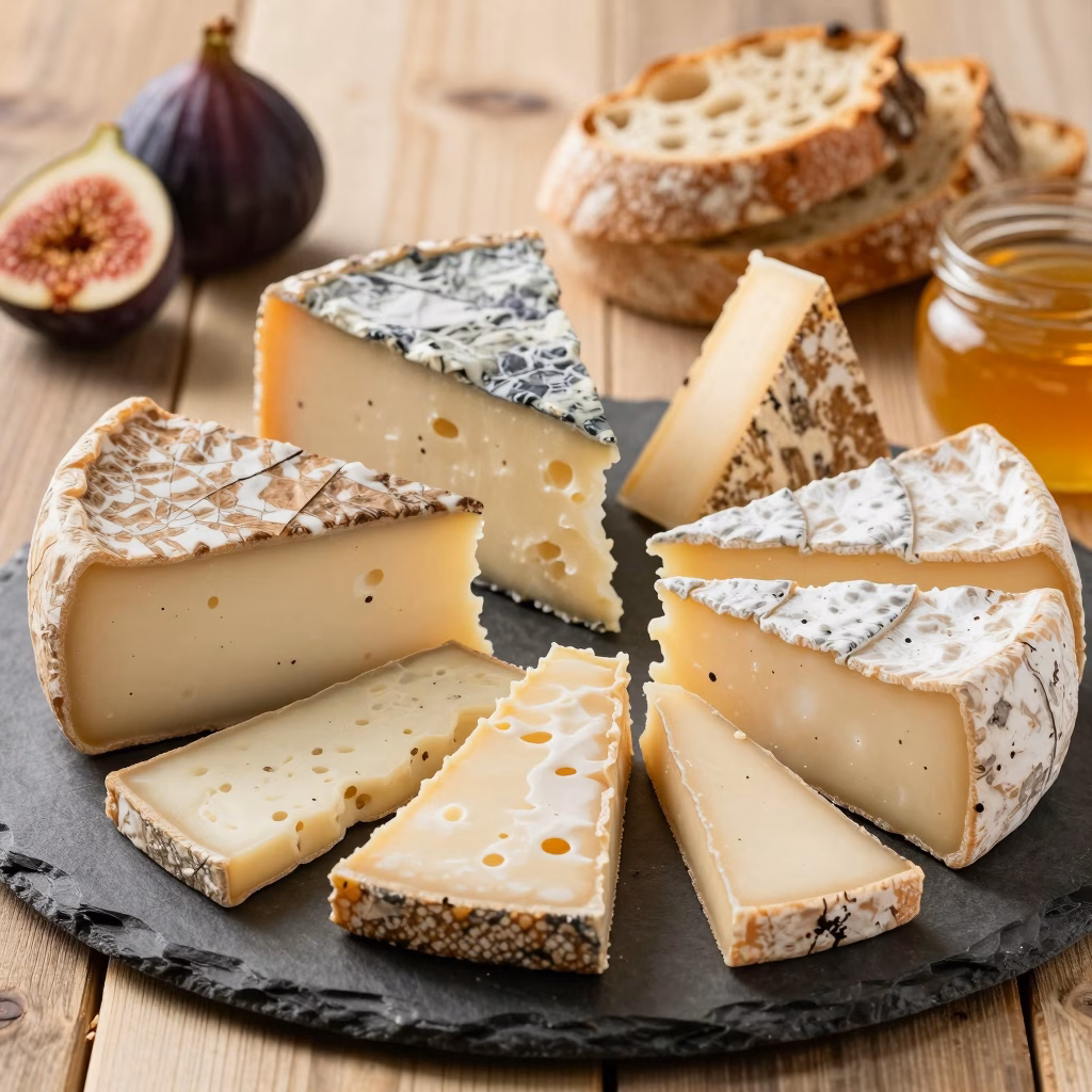Selection de fromages affines francais sur ardoise avec accompagnements