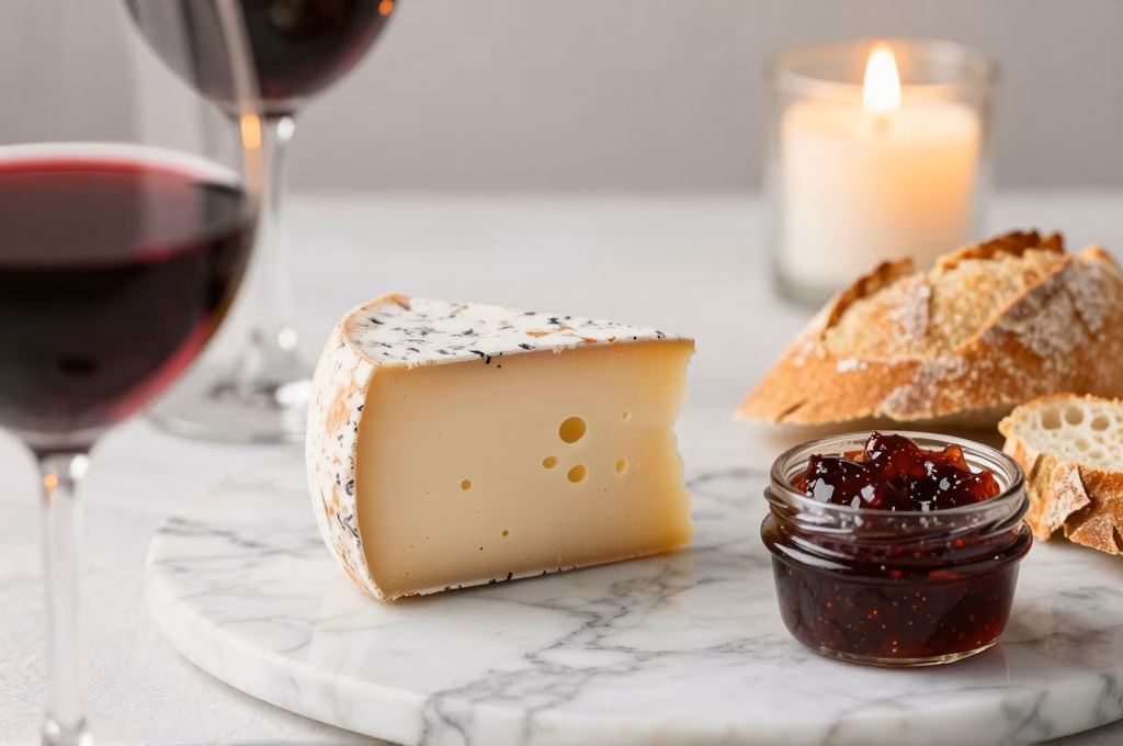 Accord vin rouge et fromage affiné avec pain et confiture de figue