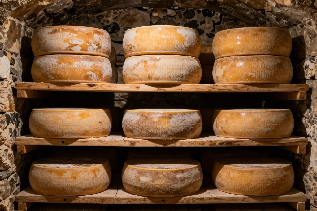 Cave d'affinage traditionnelle avec meules de fromage sur étagères en bois