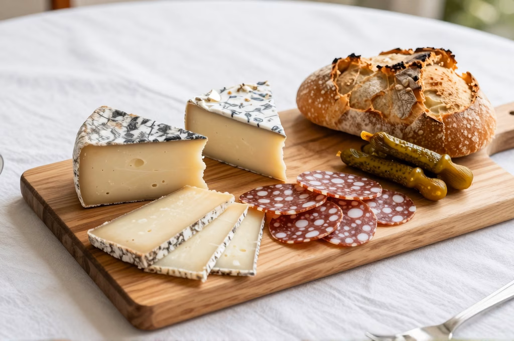 Plateau de charcuterie et fromages regionaux francais avec saucisson et pate de campagne