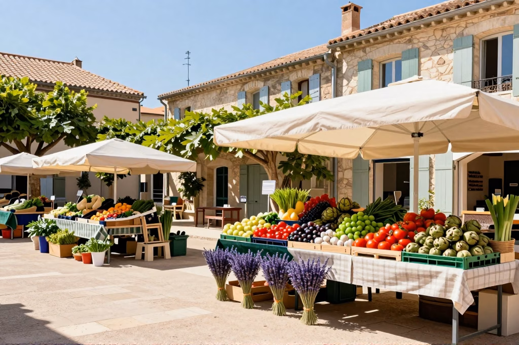Marche provencal avec legumes frais, tomates, artichauts et lavande sur une place de village