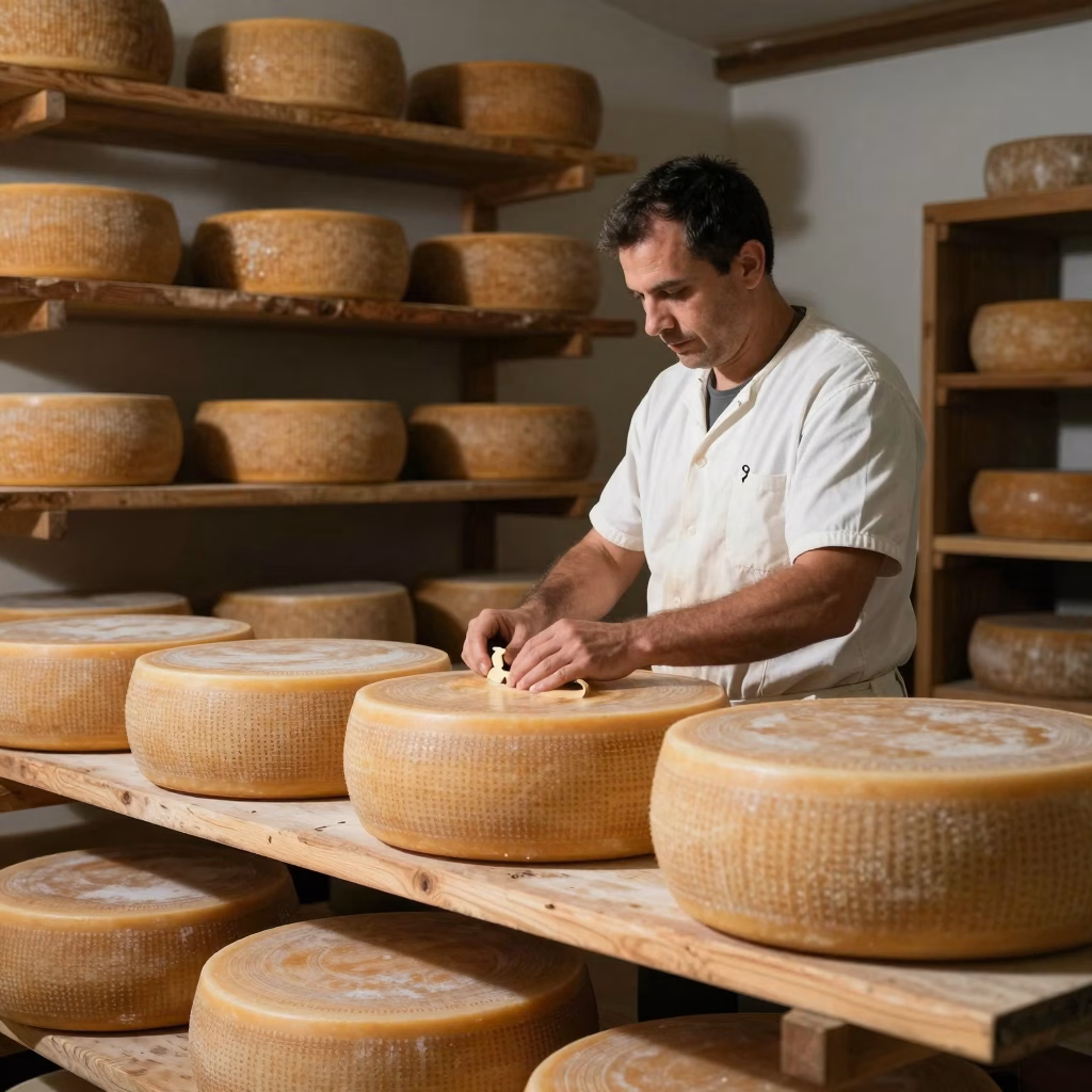 Fromager artisan dans son atelier avec meules de fromage traditionnelles