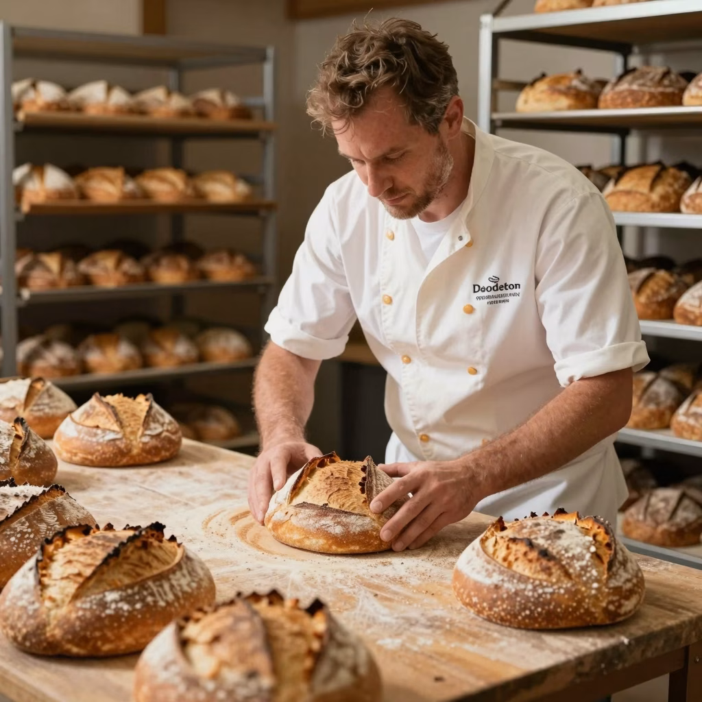 Boulanger artisan fabriquant du pain traditionnel dans une boulangerie de campagne
