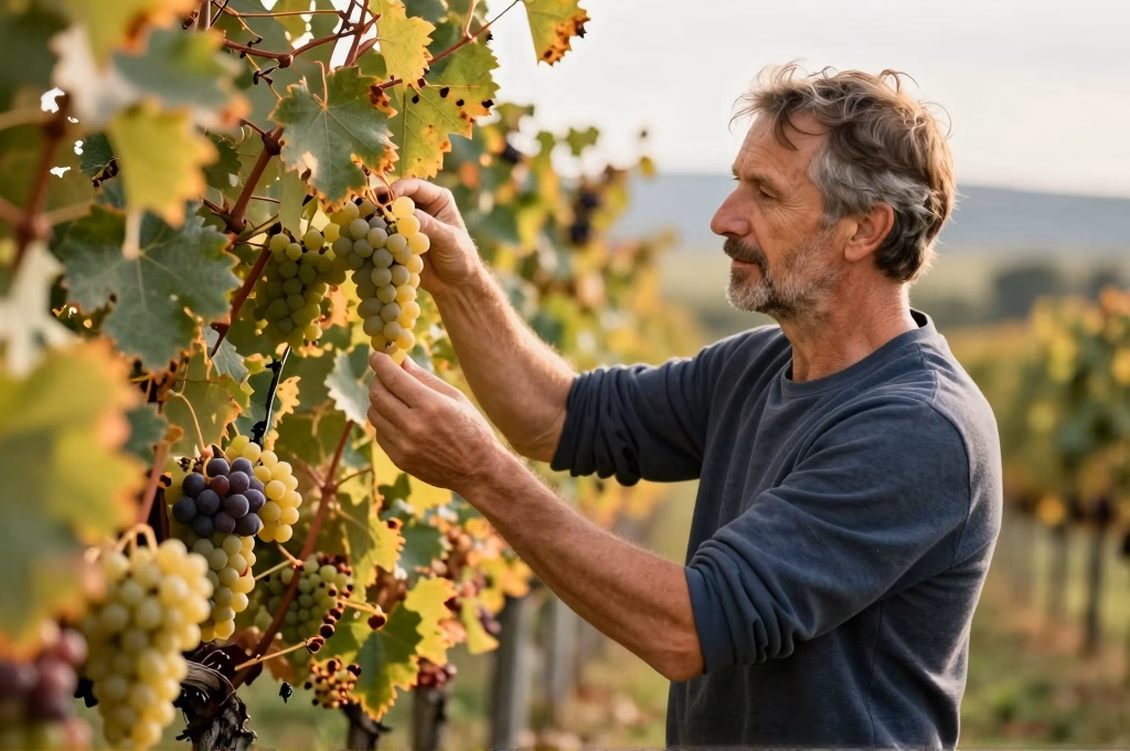 Vigneron examinant ses grappes de raisin dans les vignes en automne