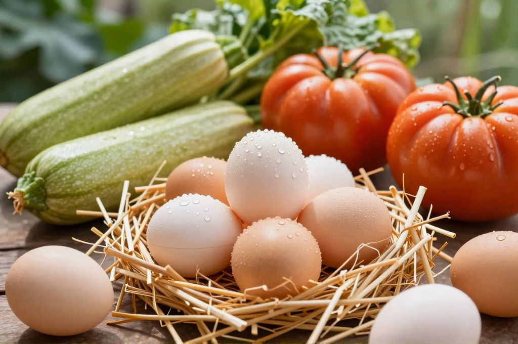Oeufs frais de poules elevees en plein air et legumes du potager sur table rustique de ferme