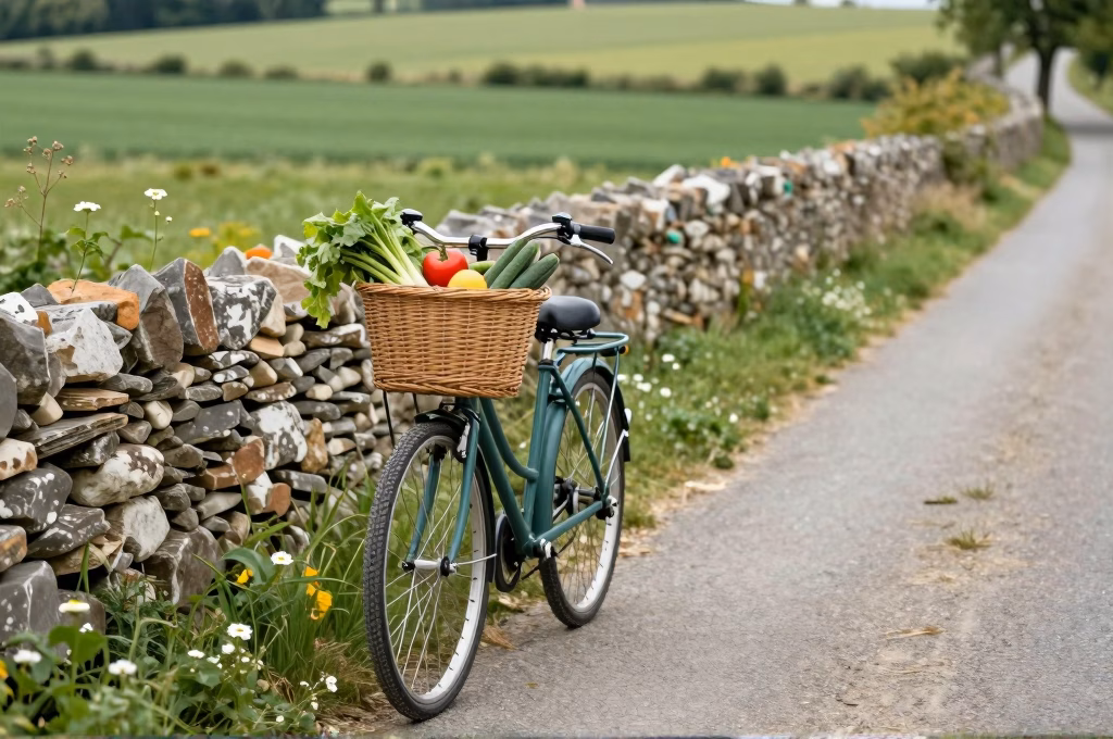 Velo avec panier de produits fermiers gare sur un chemin de campagne francaise