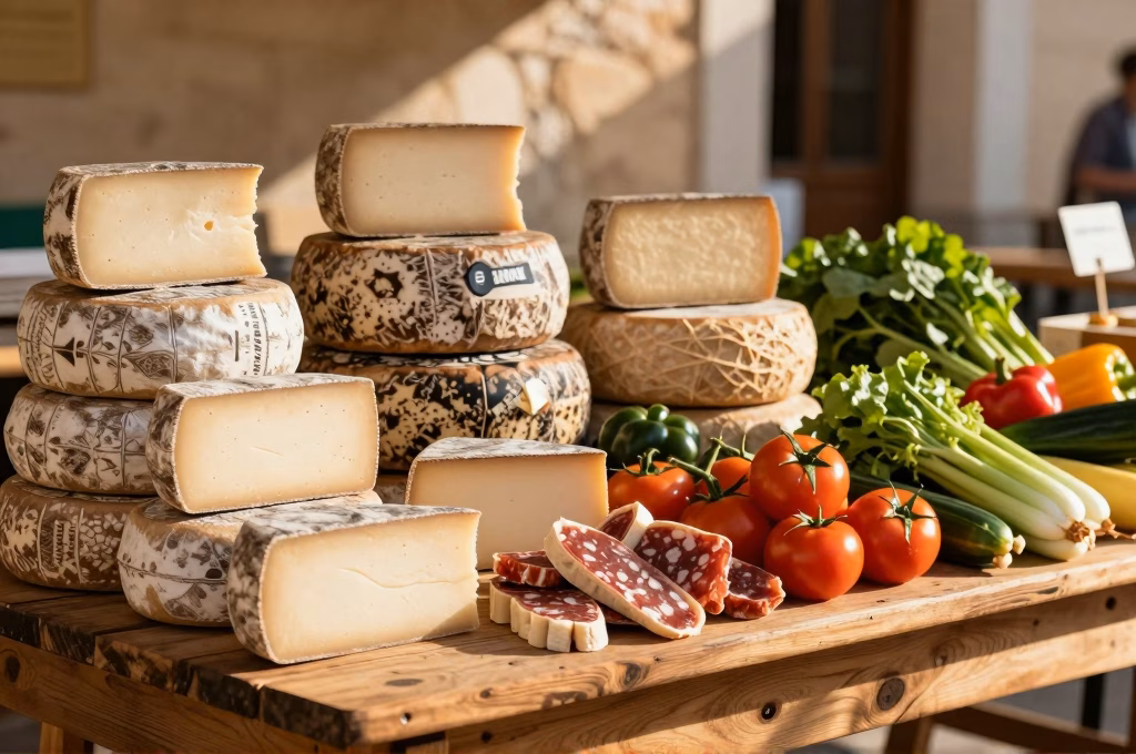 Etal de marche provencal avec fromages artisanaux, charcuteries et legumes frais du terroir