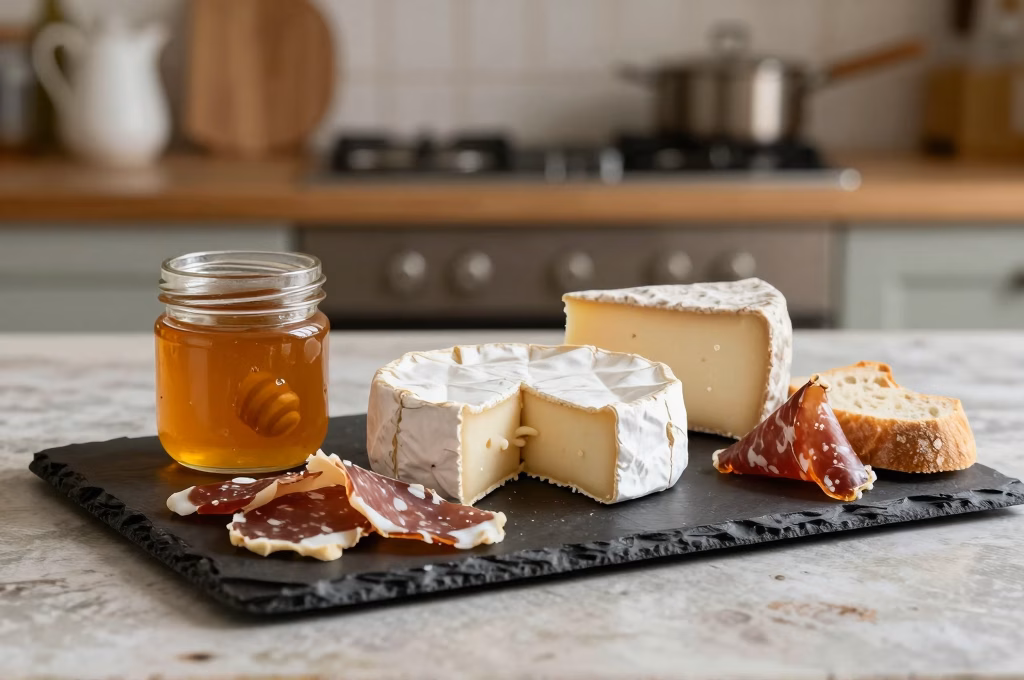 Plateau de degustation avec fromages AOP, saucisson sec, miel et pain artisanal