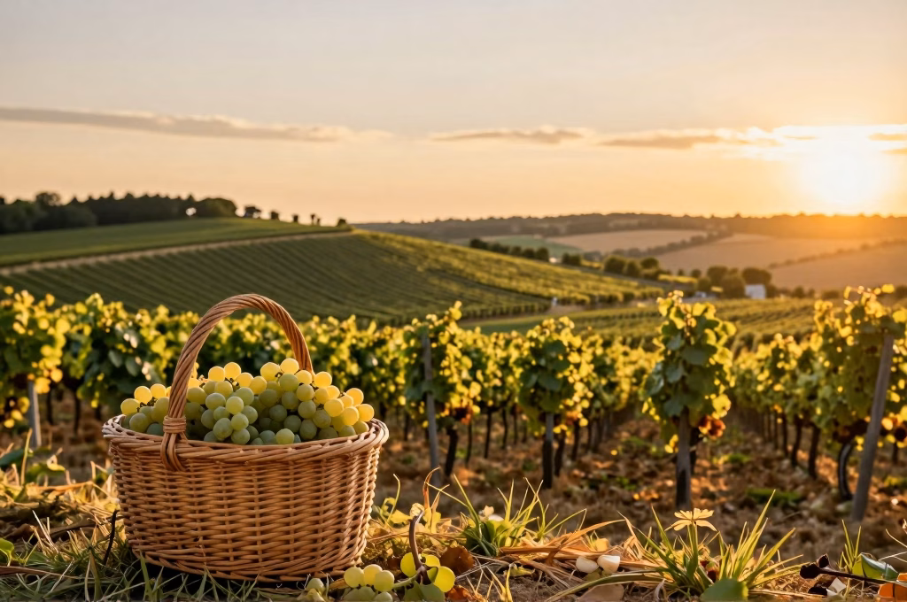 Vignoble bourguignon au coucher du soleil avec panier de vendanges et raisins frais