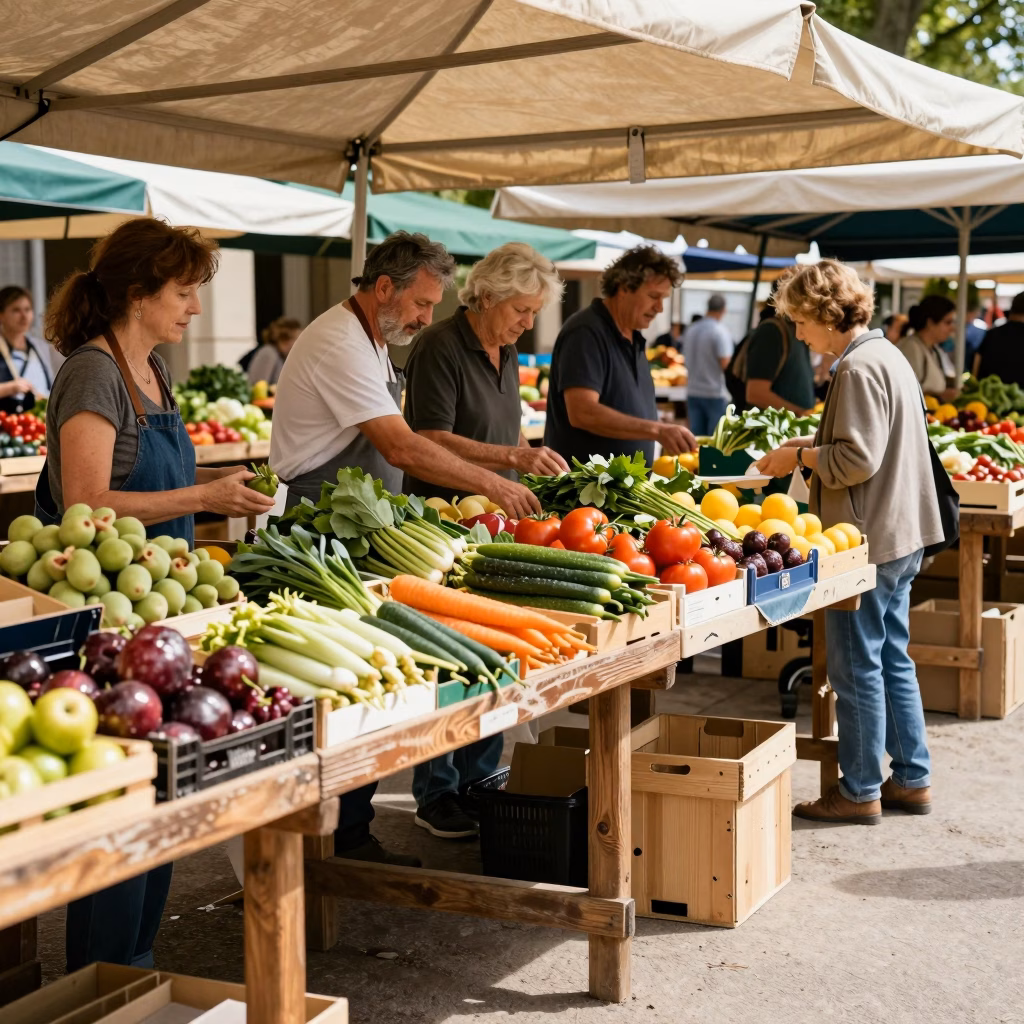 Marche de producteurs locaux avec etals de produits frais et legumes du terroir