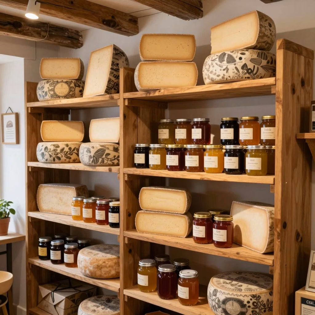 Epicerie de produits locaux avec fromages artisanaux et produits fermiers