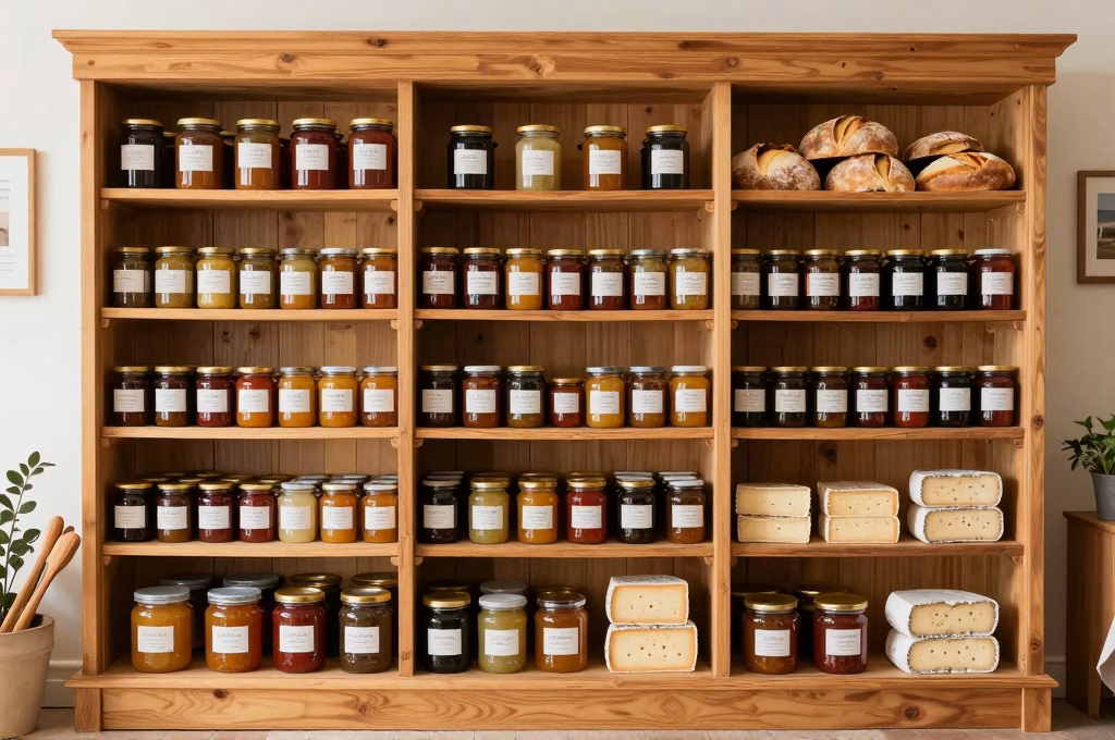 Boutique de ferme avec rayons de produits locaux conserves fromages et miel