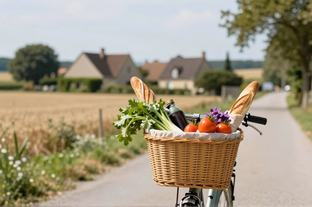 Panier de vélo rempli de produits frais du terroir sur route de campagne