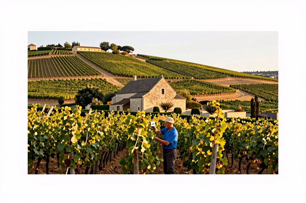 Vigneron inspectant ses raisins dans un vignoble AOC symbole du lien entre terroir et savoir-faire