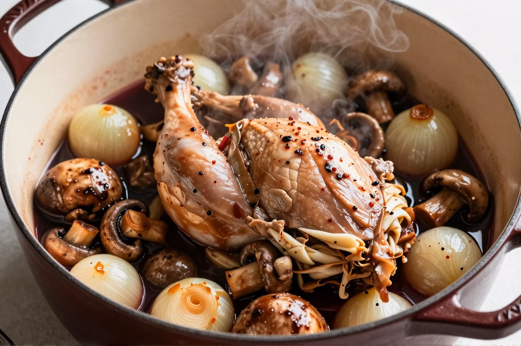 Coq au vin mijotant dans une cocotte avec champignons et sauce au vin rouge
