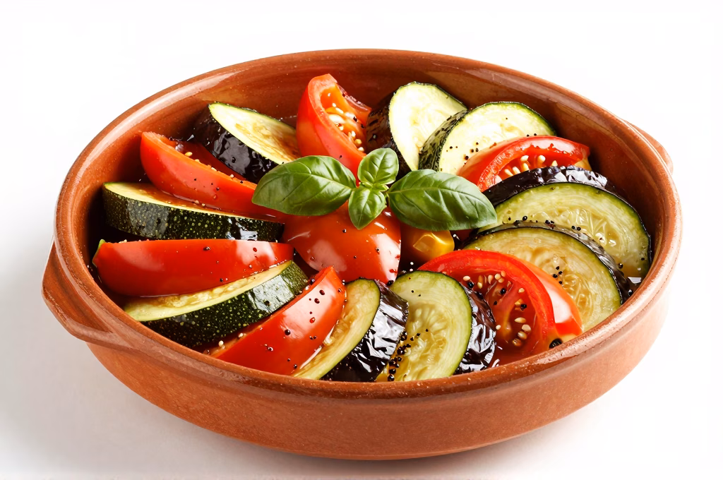 Ratatouille provençale colorée dans un plat en terre cuite avec basilic frais