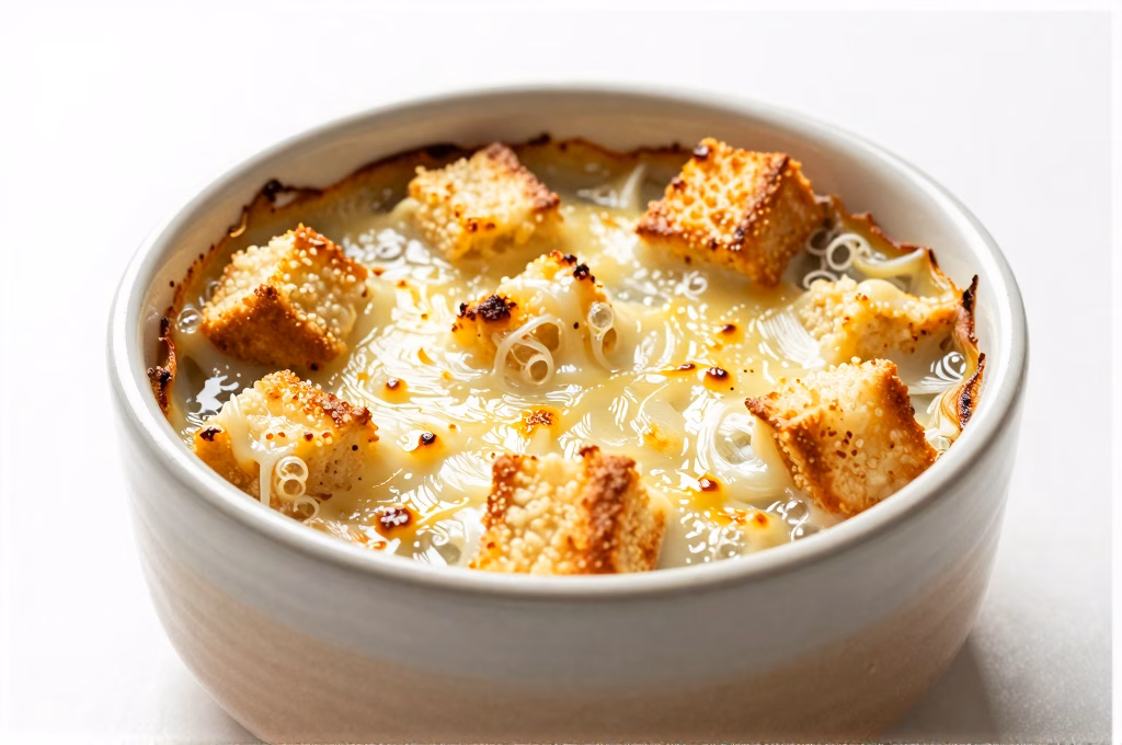 Soupe à l'oignon gratinée avec fromage fondu et croûtons dorés