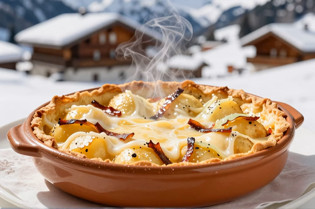 Tartiflette au reblochon fondu avec pommes de terre et lardons fumants