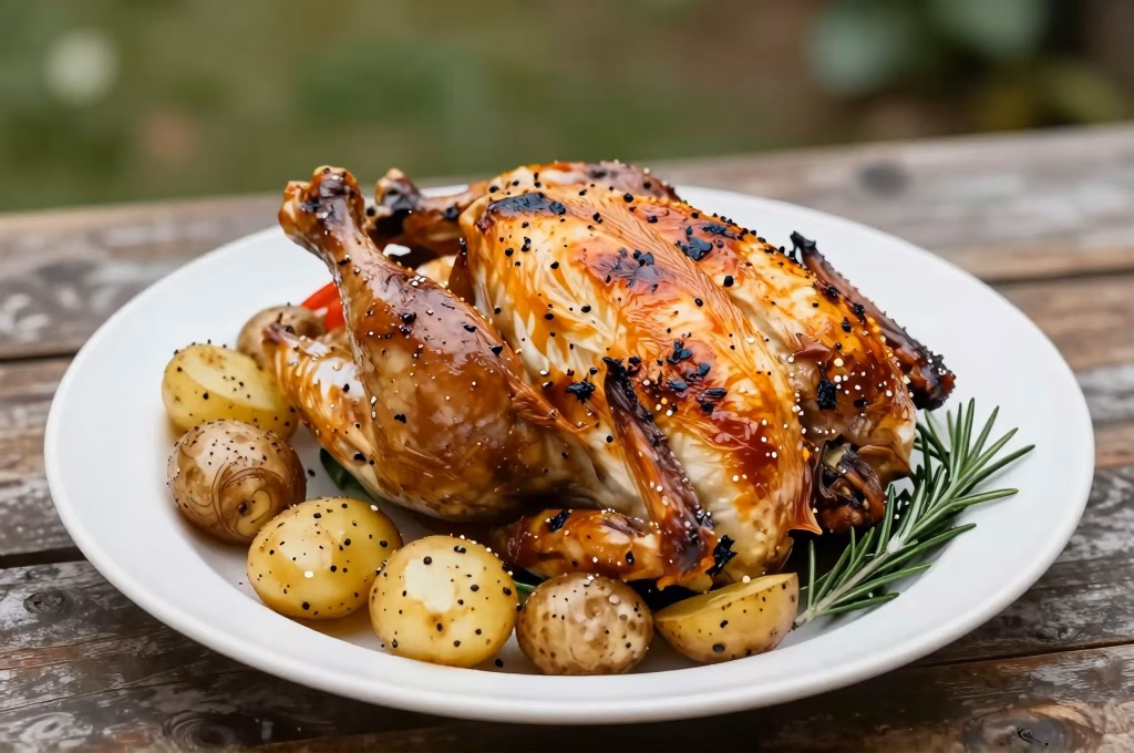 Poulet rôti fermier avec légumes du potager dans une assiette rustique