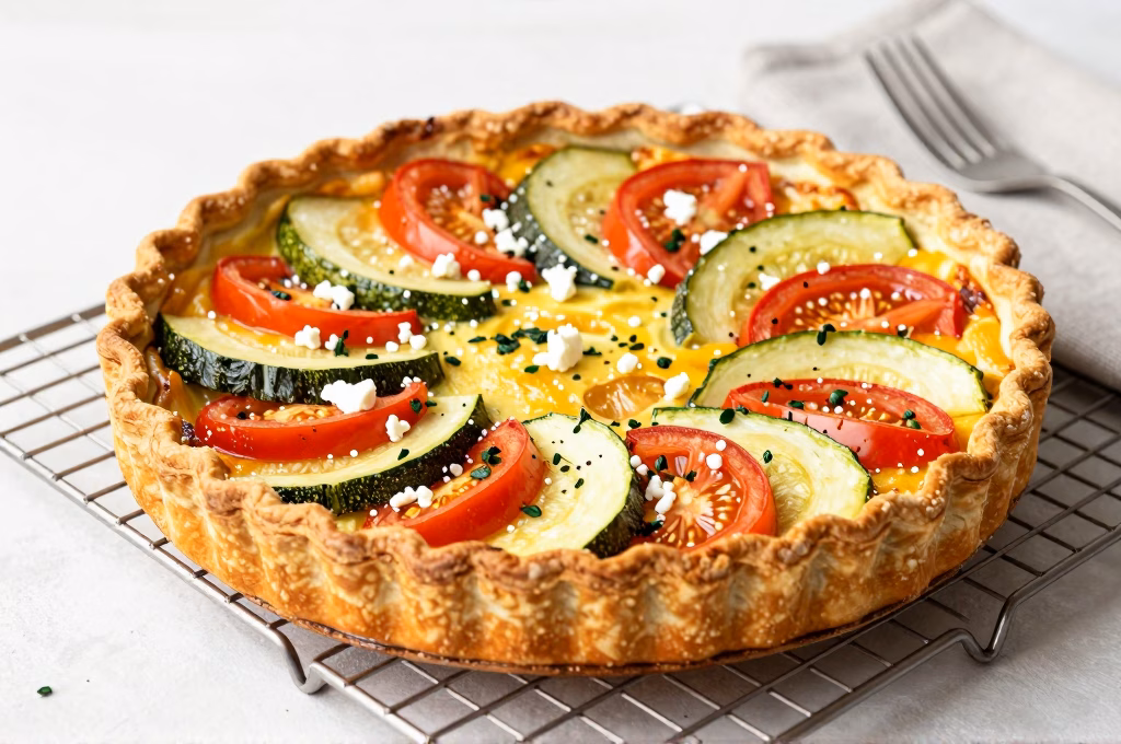Quiche maison aux légumes du jardin sortant du four avec croûte dorée
