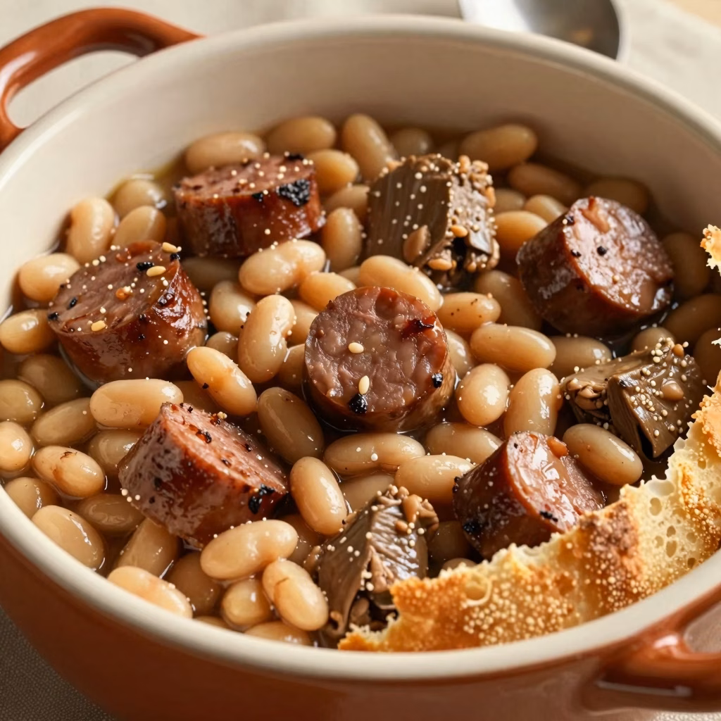 Cassoulet traditionnel francais aux haricots blancs et confit de canard