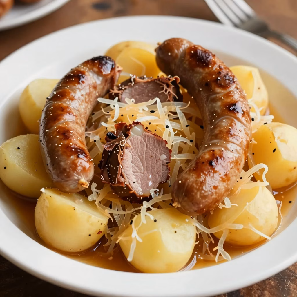 Choucroute alsacienne garnie de charcuteries et pommes de terre