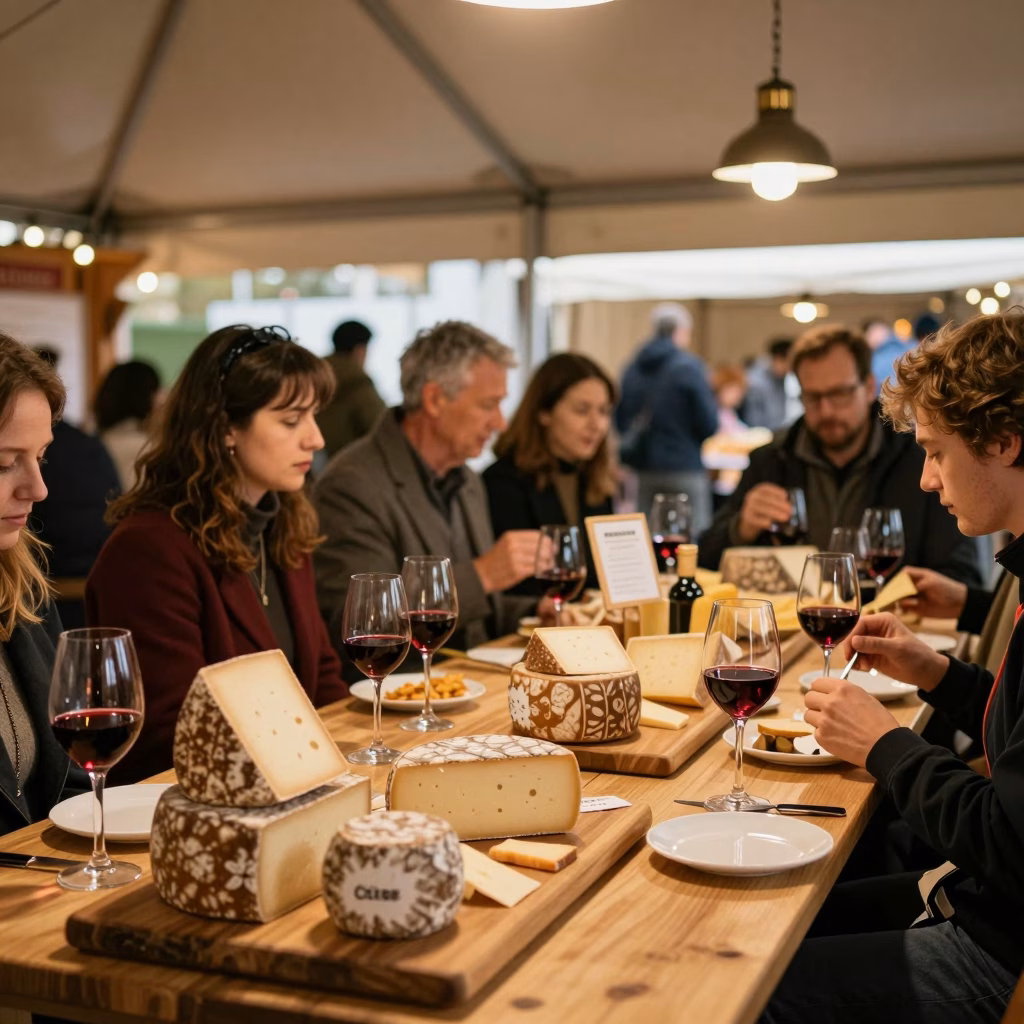 Degustation de fromages et vins sur un stand artisanal au salon de l'agriculture