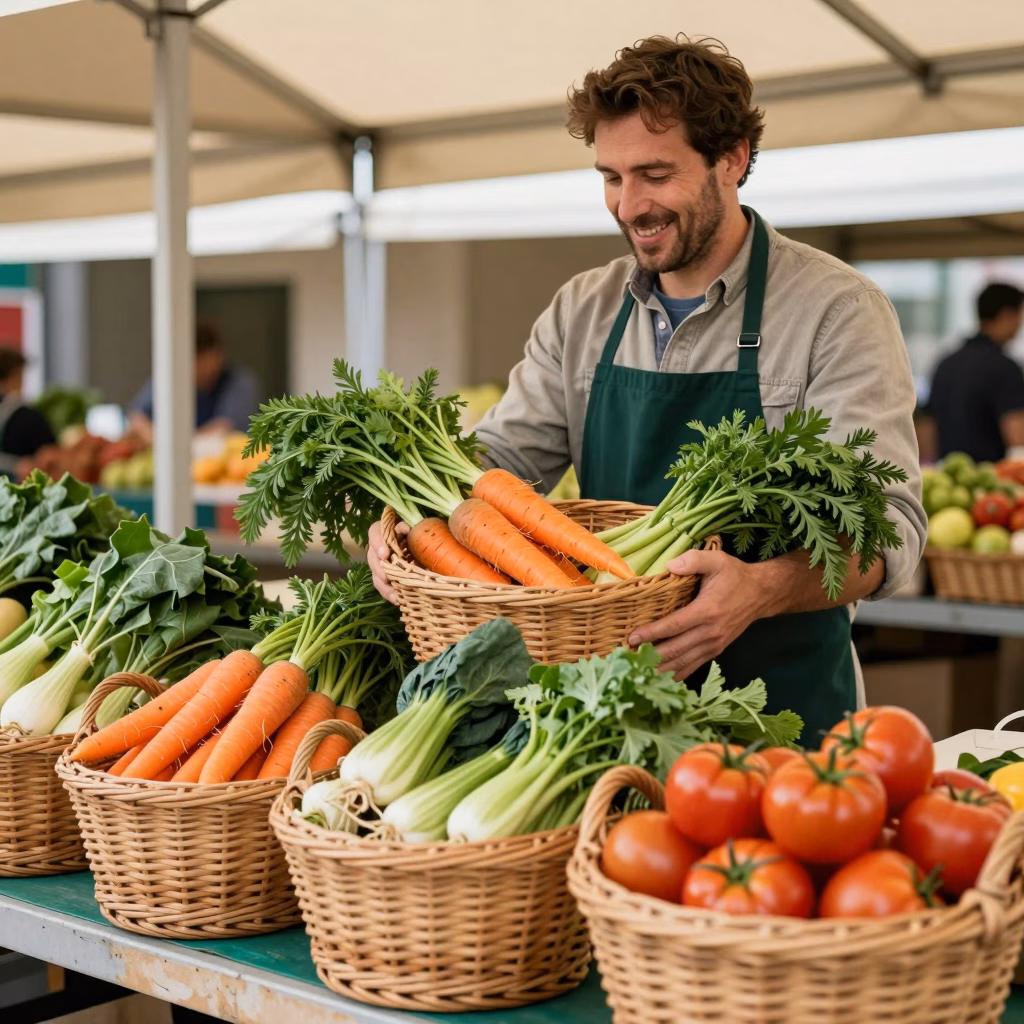 Producteur local presentant ses produits frais au salon de l'agriculture