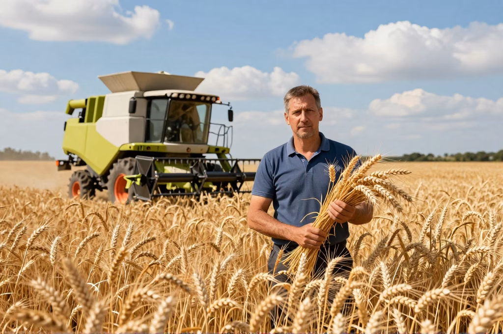 Agriculteur francais dans son champ de ble pendant la recolte avec moissonneuse