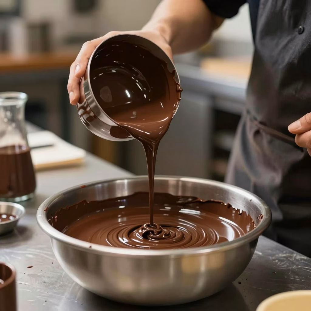 Artisan chocolatier travaillant le chocolat fondu en atelier