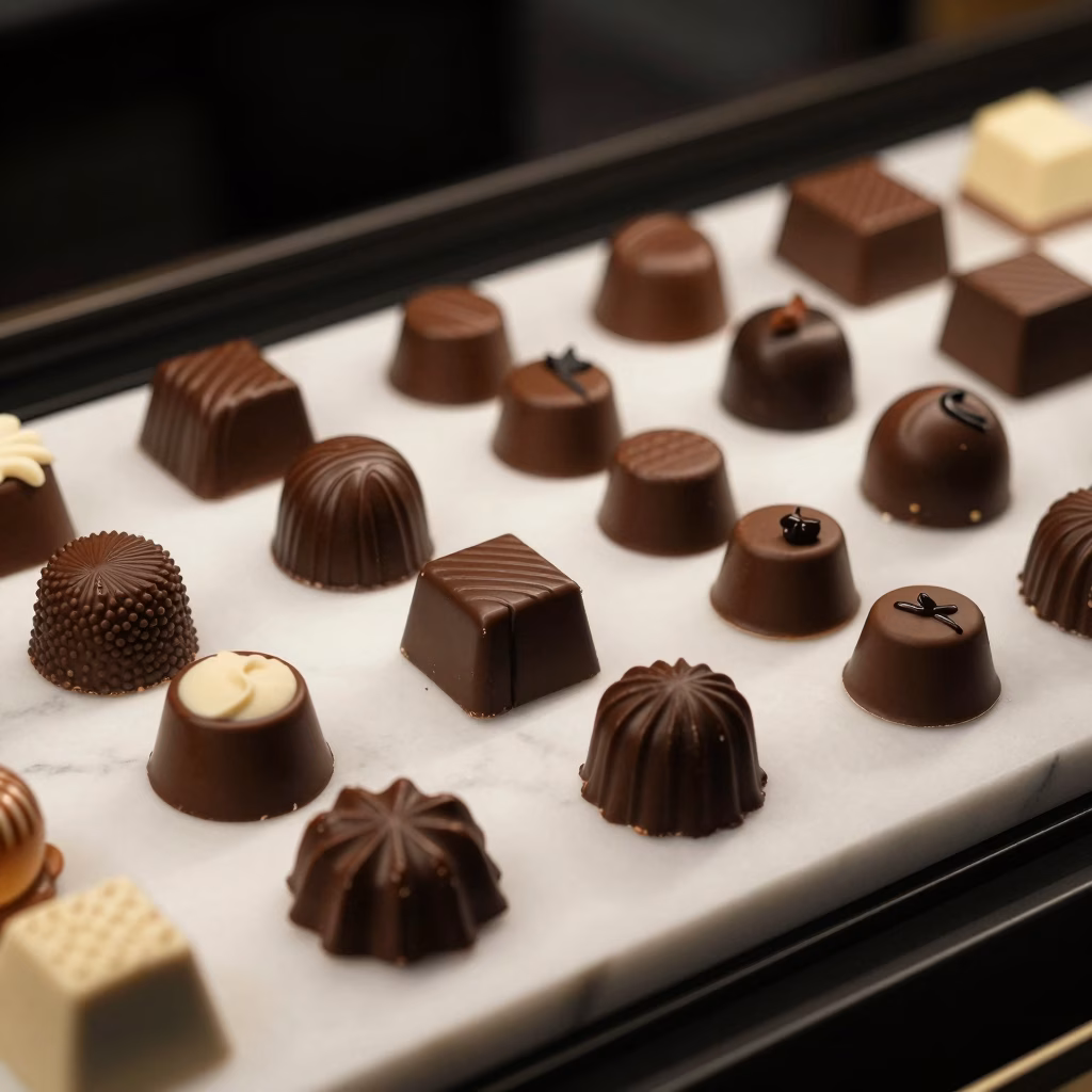 Assortiment de pralines et ganaches francaises sur marbre