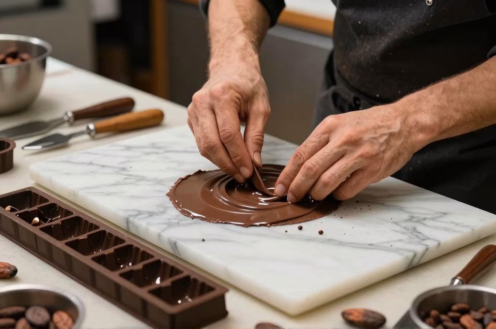 Maitre chocolatier travaillant le chocolat en atelier avec temperage sur marbre