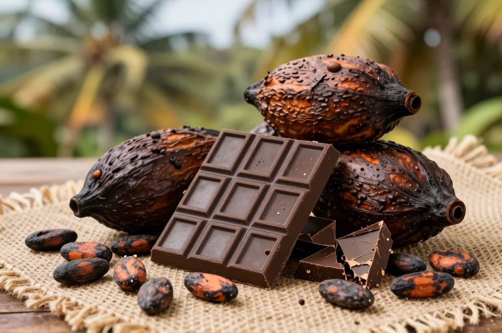 Feves de cacao cabosses et tablettes de chocolat noir artisanal bean-to-bar