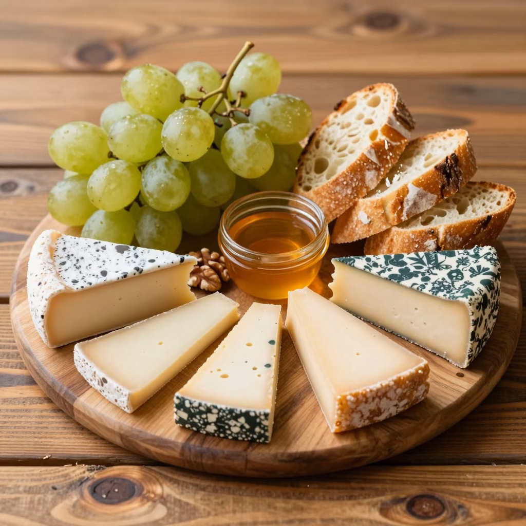 Plateau de degustation de fromages avec raisins noix et pain
