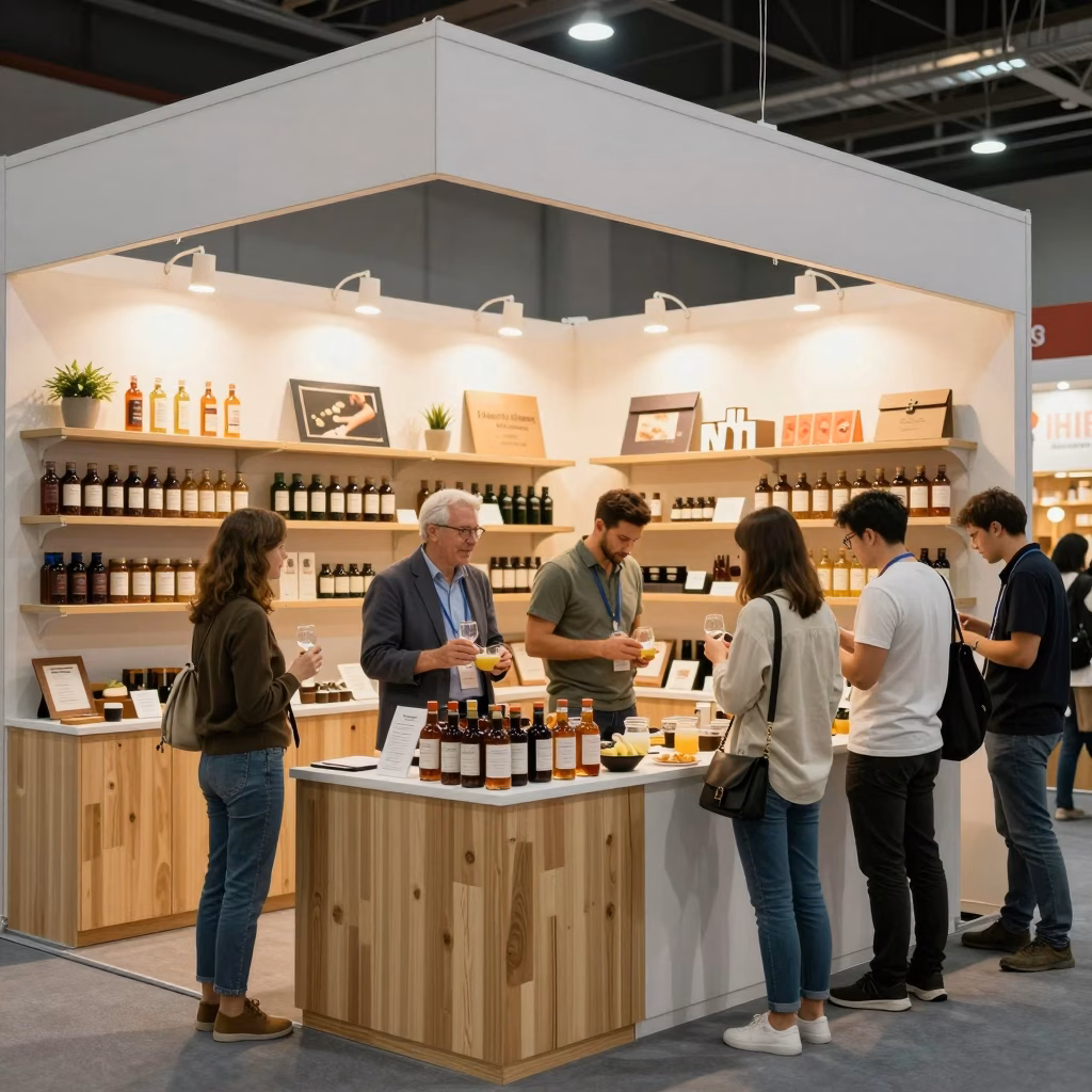 Hall d'exposition de salon des produits du terroir avec producteurs et visiteurs