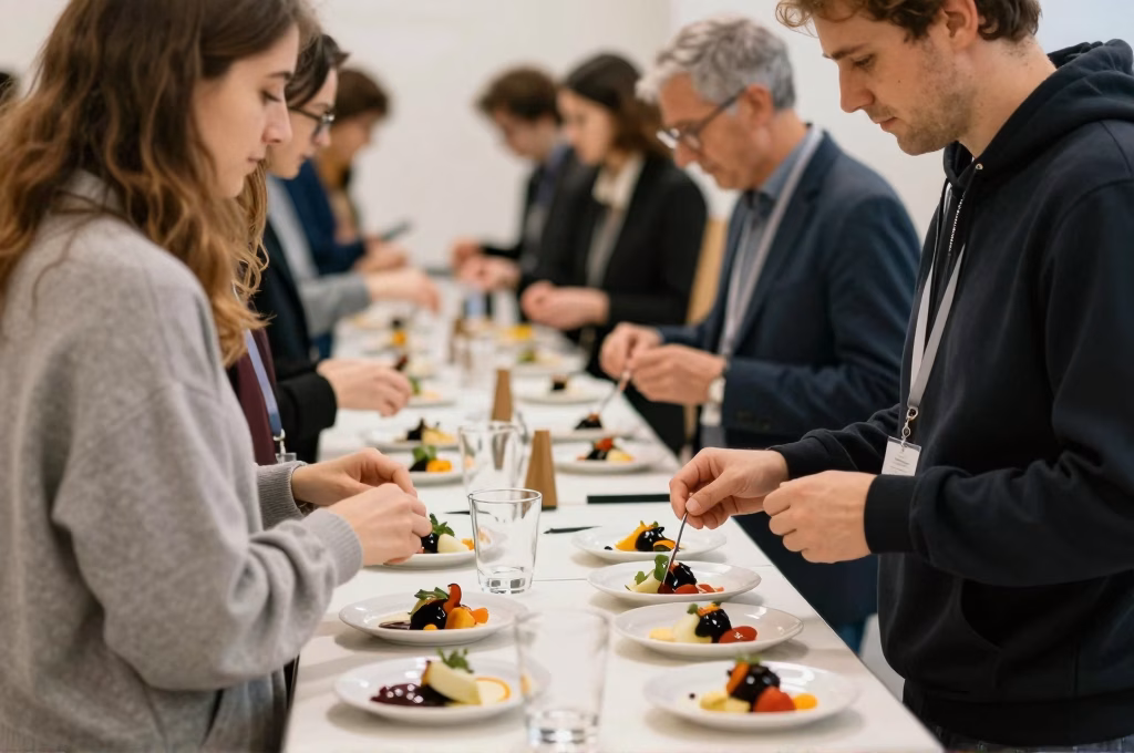 Producteur proposant une dégustation à son stand lors d'un salon du terroir