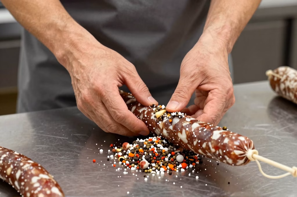 Charcutier artisan préparant la mêlée du saucisson avec épices