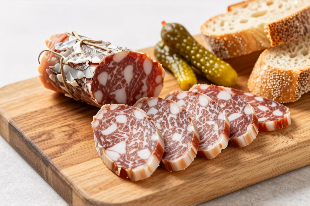 Saucisson artisanal tranché sur planche en bois avec cornichons