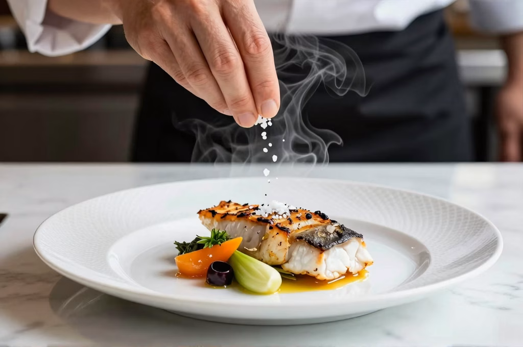 Chef assaisonnant un plat gastronomique avec de la fleur de sel