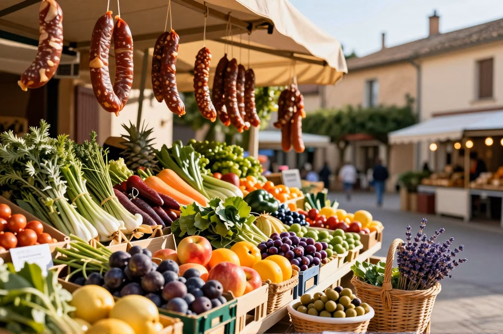 Marche provencal colore avec produits du terroir, herbes, olives et fruits frais en paniers
